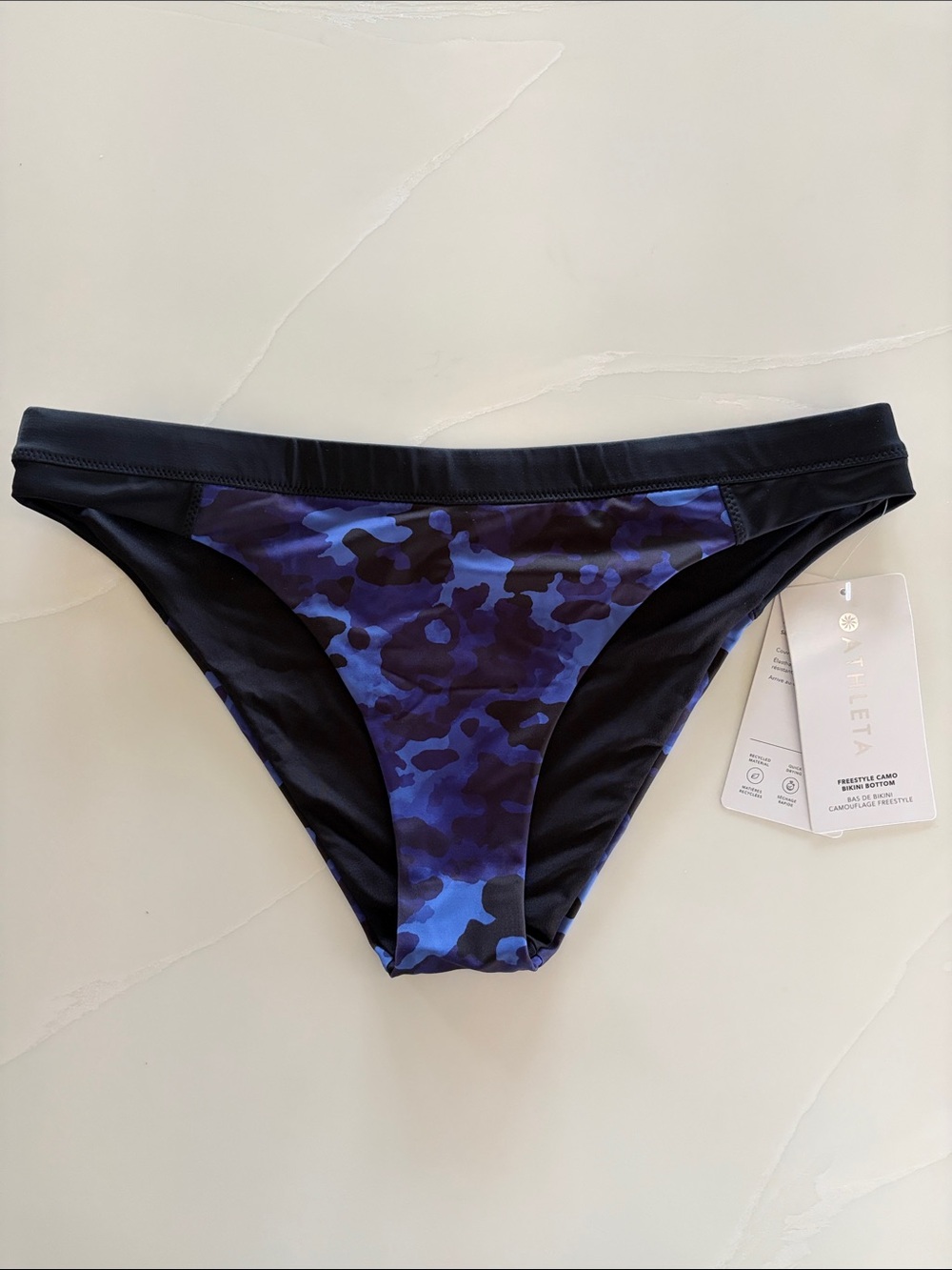 NWT Athleta Medium Black Blue Freestyle Camo Swimsuit Bikini Bottom